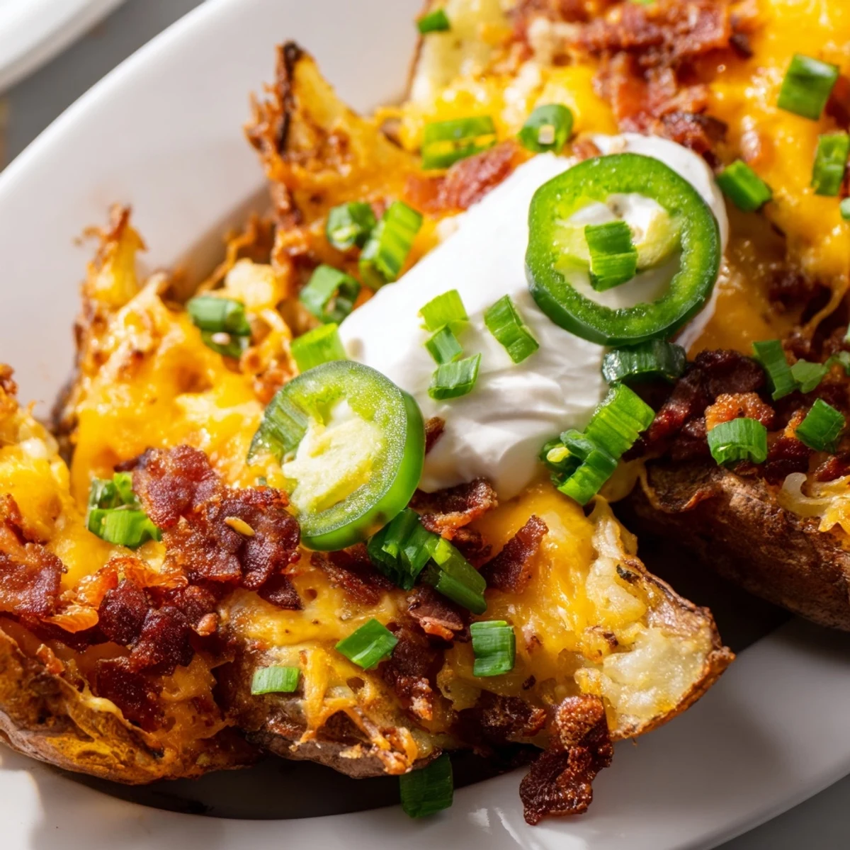 Crispy Game Day Loaded Potato Wedges topped with melted cheddar, crumbled bacon, and fresh green onions on a serving platter.