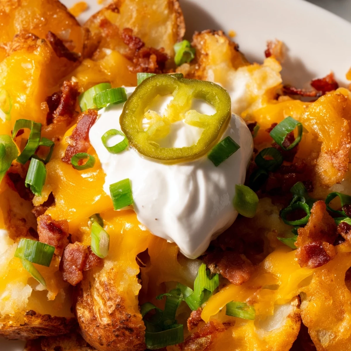 A close-up of golden Game Day Loaded Potato Wedges drizzled with sour cream and garnished with jalapeños for a spicy kick.