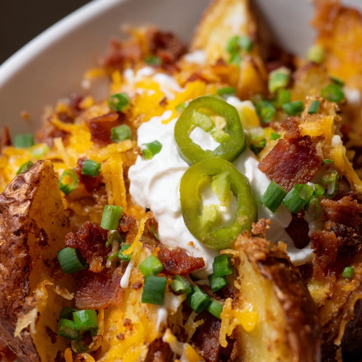 Overhead view of a skillet with Game Day Loaded Potato Wedges, cheese, bacon, and herbs, ready for game day snacking.