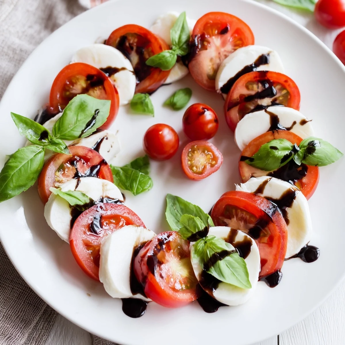 A close-up of the Valentine Heart Caprese Salad shows heart-shaped mozzarella and tomato slices arranged with fresh basil leaves and a glossy balsamic glaze.