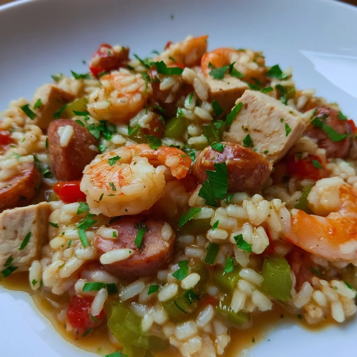 Golden brown andouille sausage, tender chicken, and pink shrimp mingle in a creamy, tomato-flecked Creole Jambalaya Risotto served with a lemon wedge.