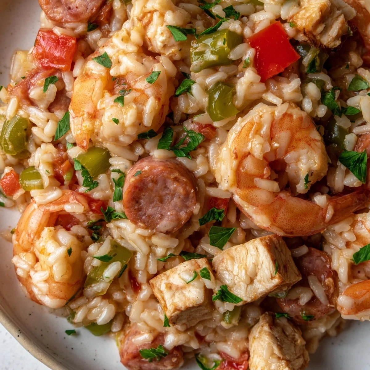 A hearty skillet of Creole Jambalaya Risotto features plump shrimp, savory sausage, and al dente Arborio rice glistening with a rich, spicy broth.