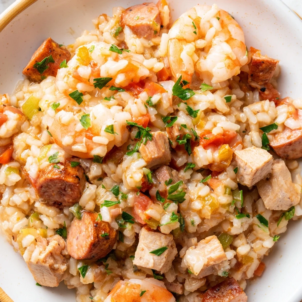 Vibrant diced bell peppers and fresh parsley top a bowl of Creole Jambalaya Risotto, blending smoky Creole spices with creamy Italian risotto textures.