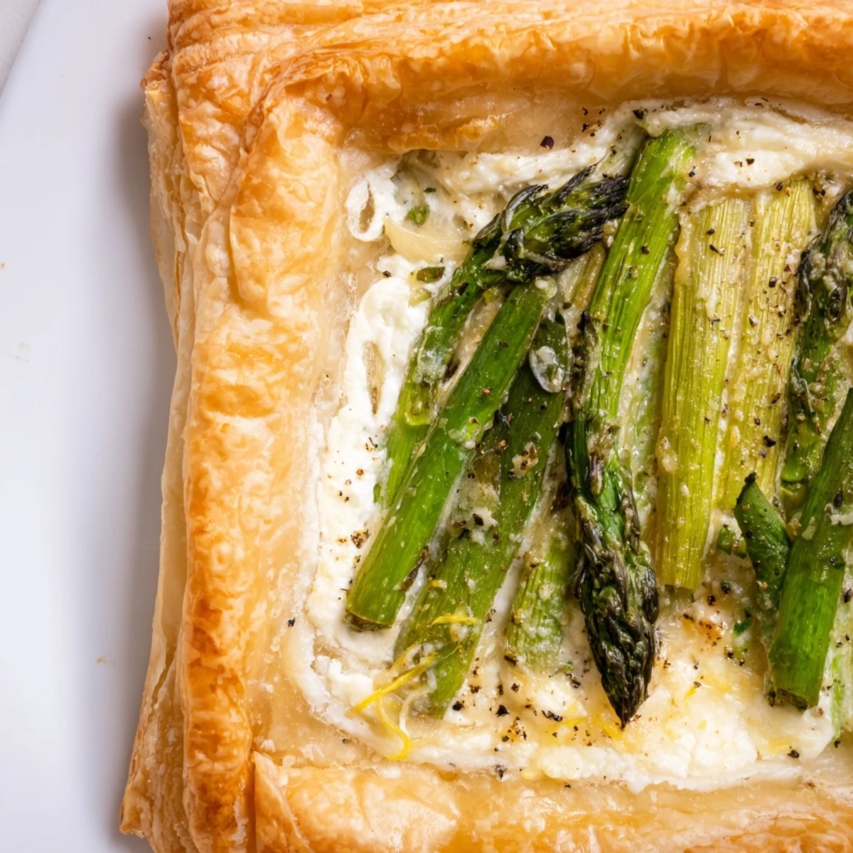 A close-up of the Green Asparagus Puff Pastry Tart on a rustic wooden table, showing flaky golden layers and tender green spears.