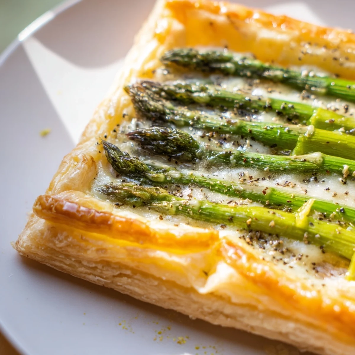 A whole Green Asparagus Puff Pastry Tart on a marble board, garnished with lemon zest and fresh herbs for a bright, savory brunch.