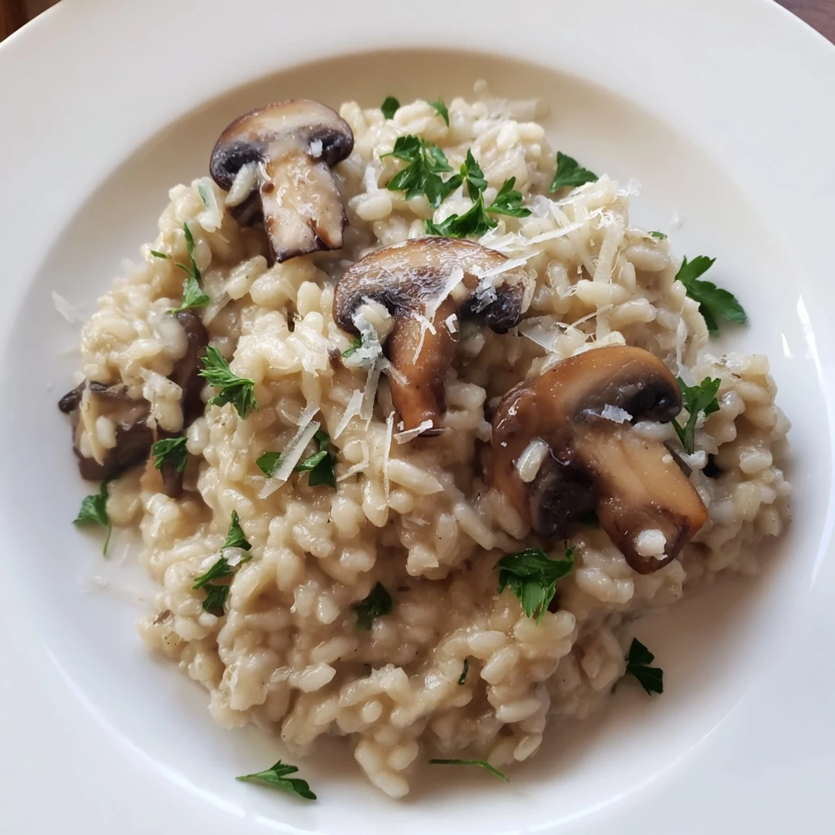 A rustic white bowl of Creamy Mushroom Risotto with Truffle Oil, ready to be paired with a crisp green salad and chilled Pinot Grigio.