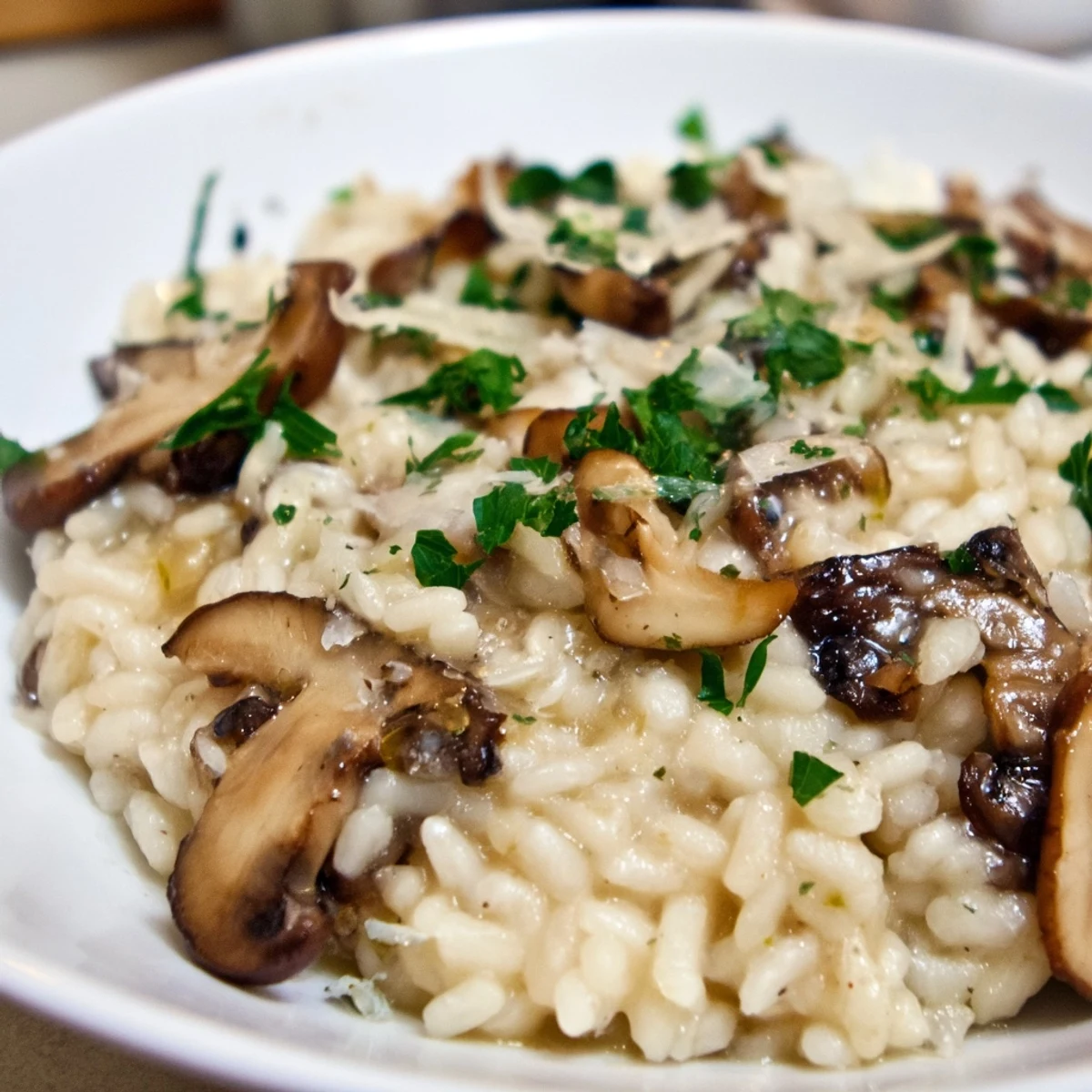 A close-up of Creamy Mushroom Risotto with Truffle Oil, highlighting the golden, al dente Arborio rice and sautéed cremini and shiitake mushrooms.