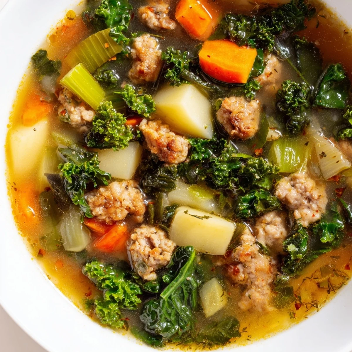 A close-up of a steaming bowl of Turkey Sausage and Kale Soup with Potatoes, featuring chunky potatoes and vibrant green kale in a rich broth.