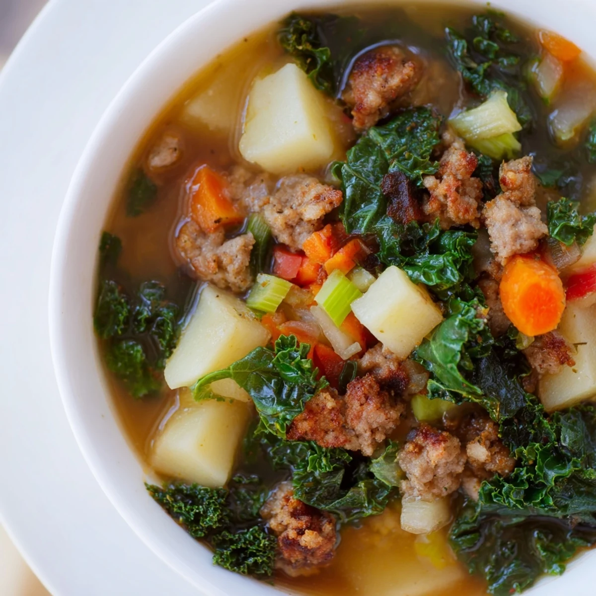 In a rustic kitchen setting, a ladle serves up Turkey Sausage and Kale Soup with Potatoes, showcasing tender sausage slices and fresh ingredients.