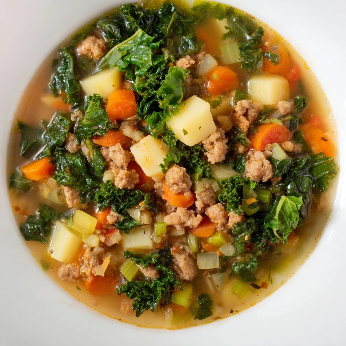 Overhead view of Turkey Sausage and Kale Soup with Potatoes in a white ceramic bowl, garnished with kale and ready to serve.
