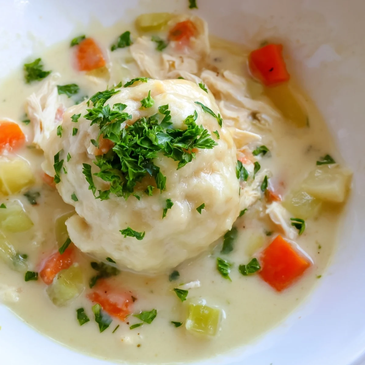 Steamy slow cooker chicken and dumplings showcase tender shredded chicken and fluffy dough in a creamy, herb-infused broth.  
