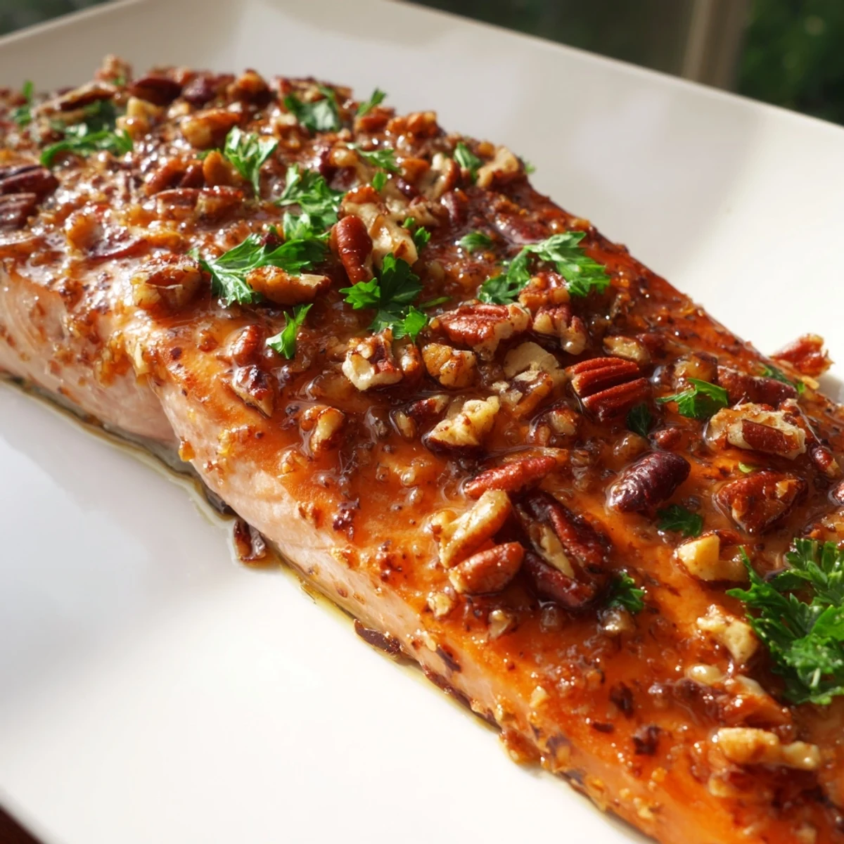 A close-up of baked salmon with maple glaze and pecans, glistening with a sweet, sticky finish and topped with toasted nuts.