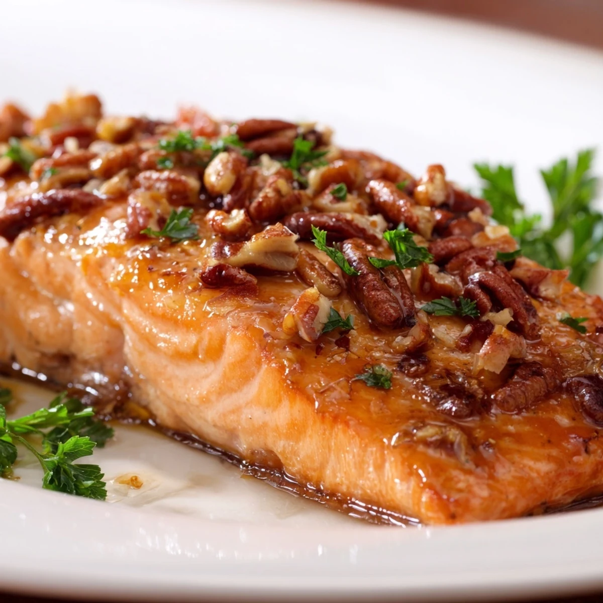 Golden baked salmon with maple glaze and pecans on a baking sheet, surrounded by roasted vegetables for a complete dinner.