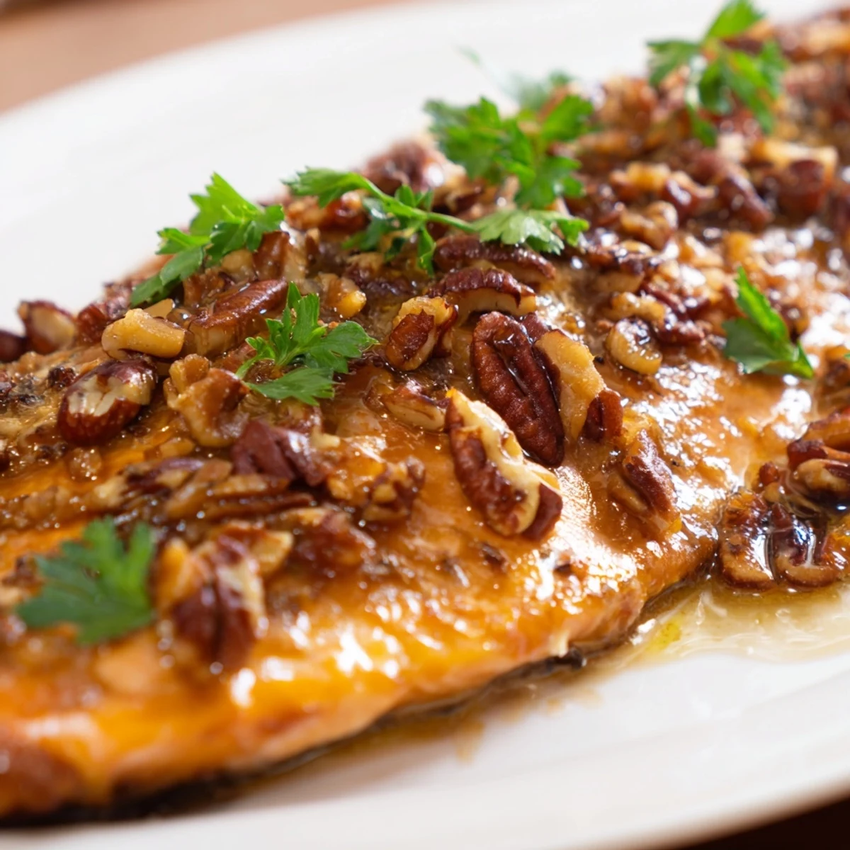 Fork-flaky baked salmon with maple glaze and pecans served on a white plate with lemon wedges and fresh parsley.