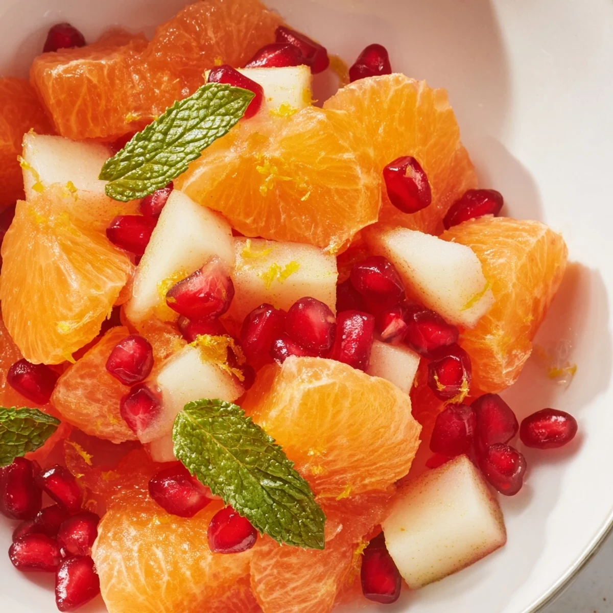 Fresh mint and orange zest garnish a serving of the Winter Fruit Salad with Citrus, showcasing bright winter fruits dressed in a shimmering honey and ginger vinaigrette.