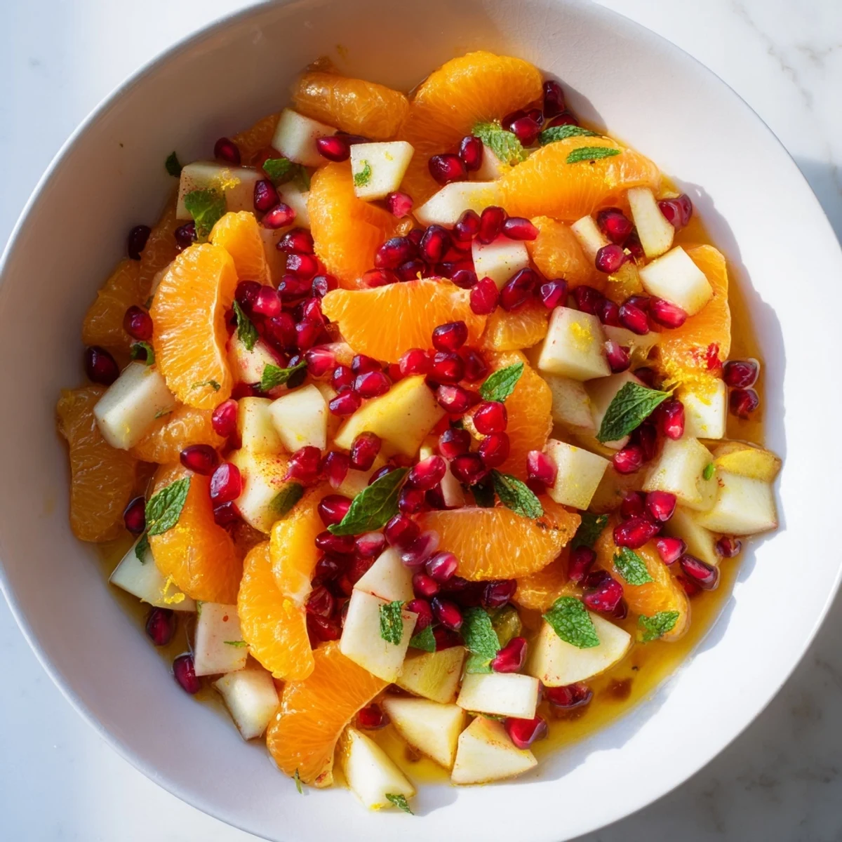 A close-up view of the Winter Fruit Salad with Citrus highlights juicy grapes and ruby pomegranate seeds, with a light citrus dressing drizzled over the colorful, healthy mixture.