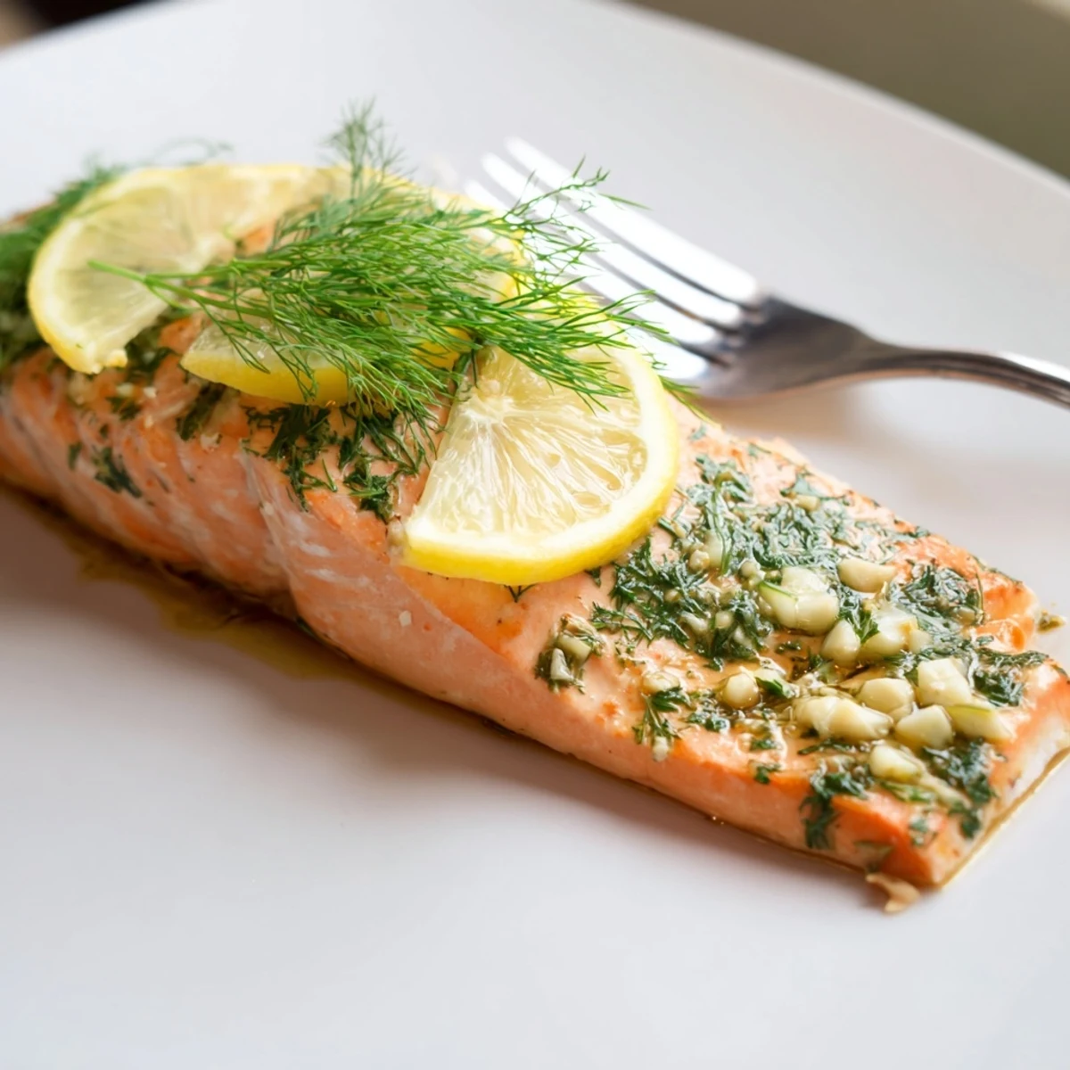 Golden-brown baked salmon fillet with lemon slices and fresh herbs, flaking easily with a fork.  