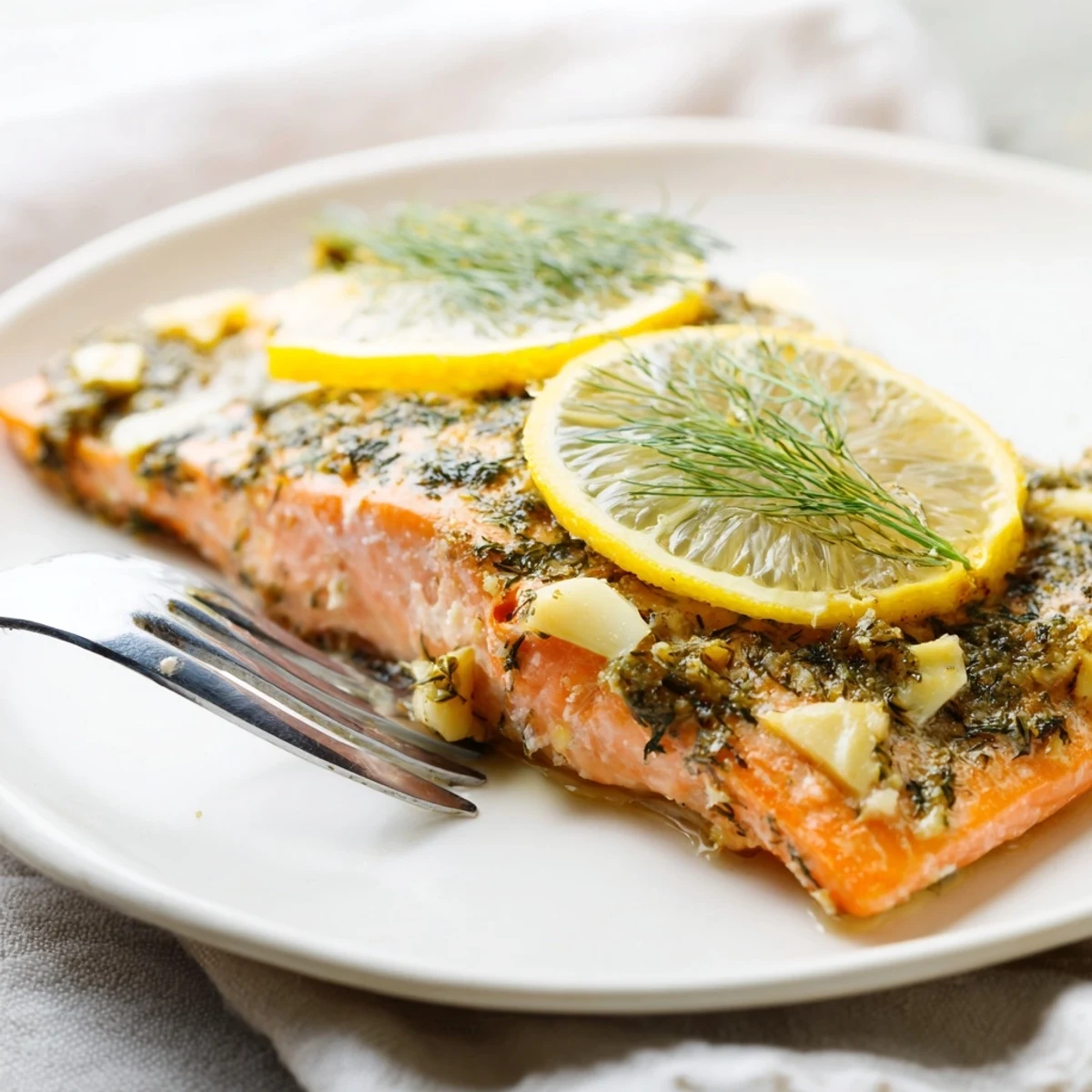 A close-up of baked salmon with lemon and herbs, garnished with parsley on a white plate.  