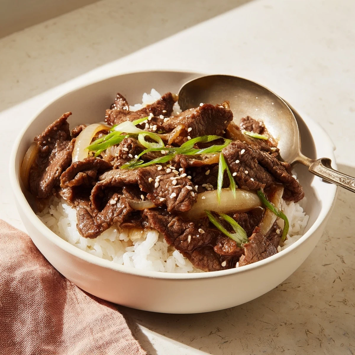 Steamy jasmine rice forms a fluffy base for savory beef strips in a glossy, caramel-colored sauce, topped with vibrant green onions and sesame seeds.  