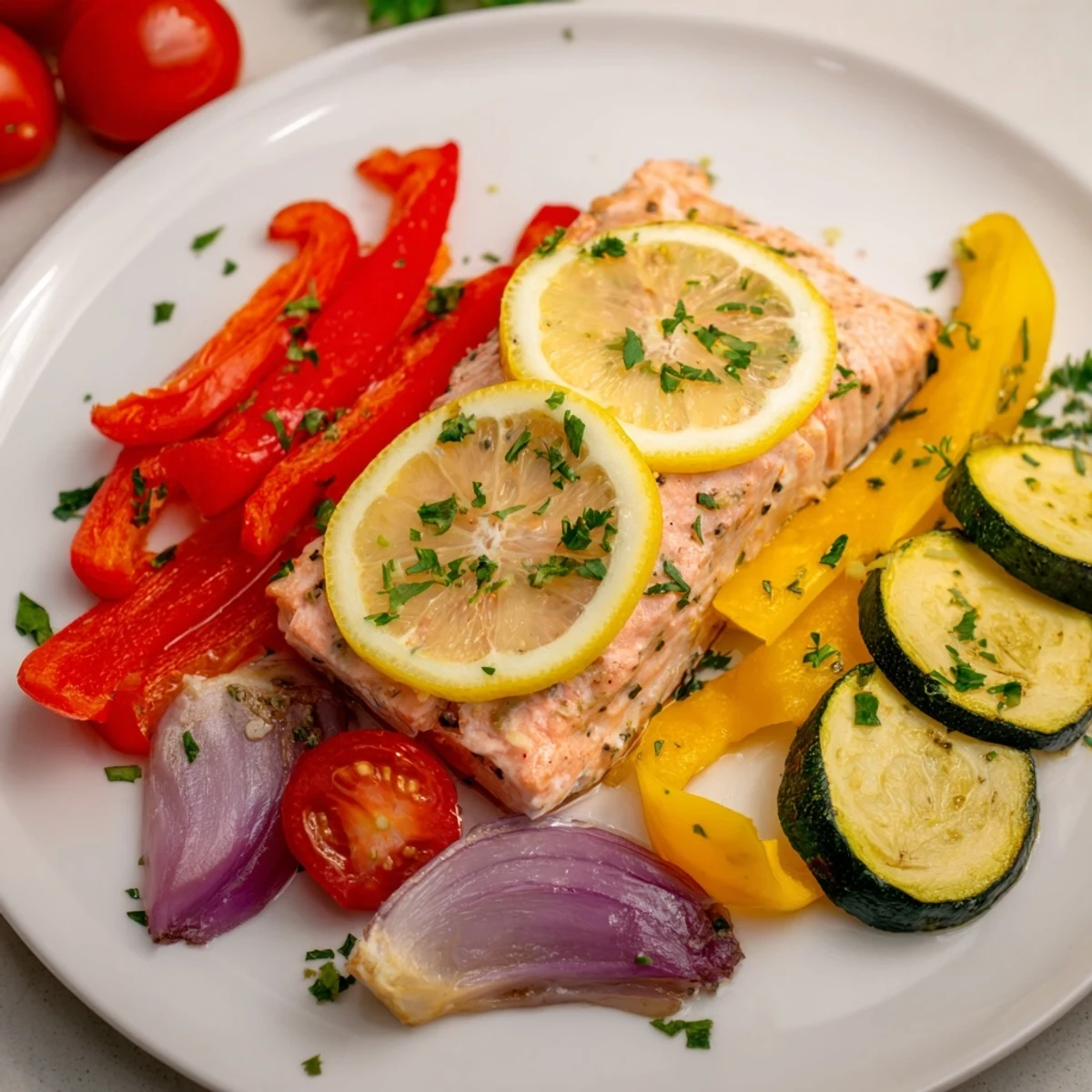 A one-pan baked salmon with roasted vegetables meal, featuring tender salmon alongside caramelized peppers and zucchini.