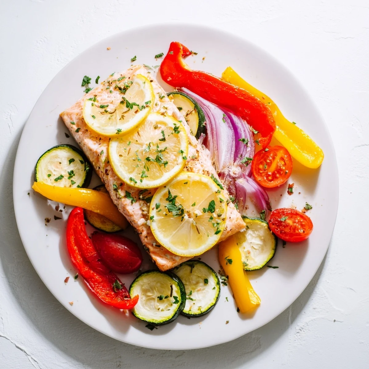 Flaky baked salmon fillets paired with a colorful roasted vegetable medley, garnished with fresh parsley and lemon wedges.