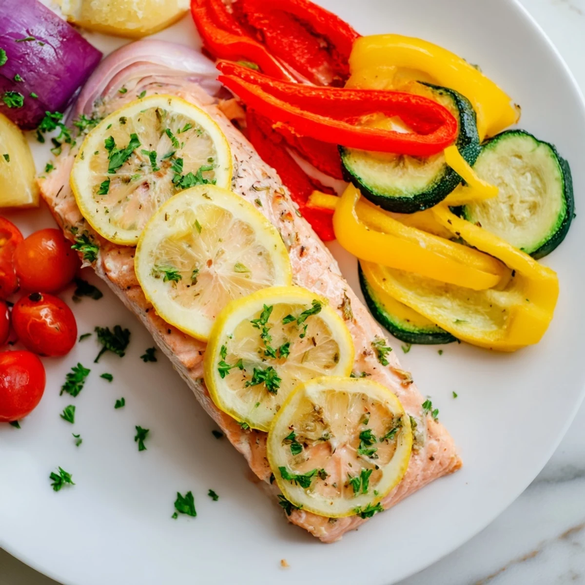 Gluten-free baked salmon with roasted vegetables recipe served on a platter, perfect for a healthy weeknight dinner.