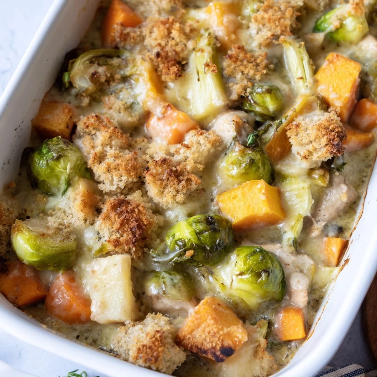 Golden-brown Winter Dish Casserole Bake bubbling with tender chicken and roasted winter vegetables in a creamy herb sauce, ready to serve.