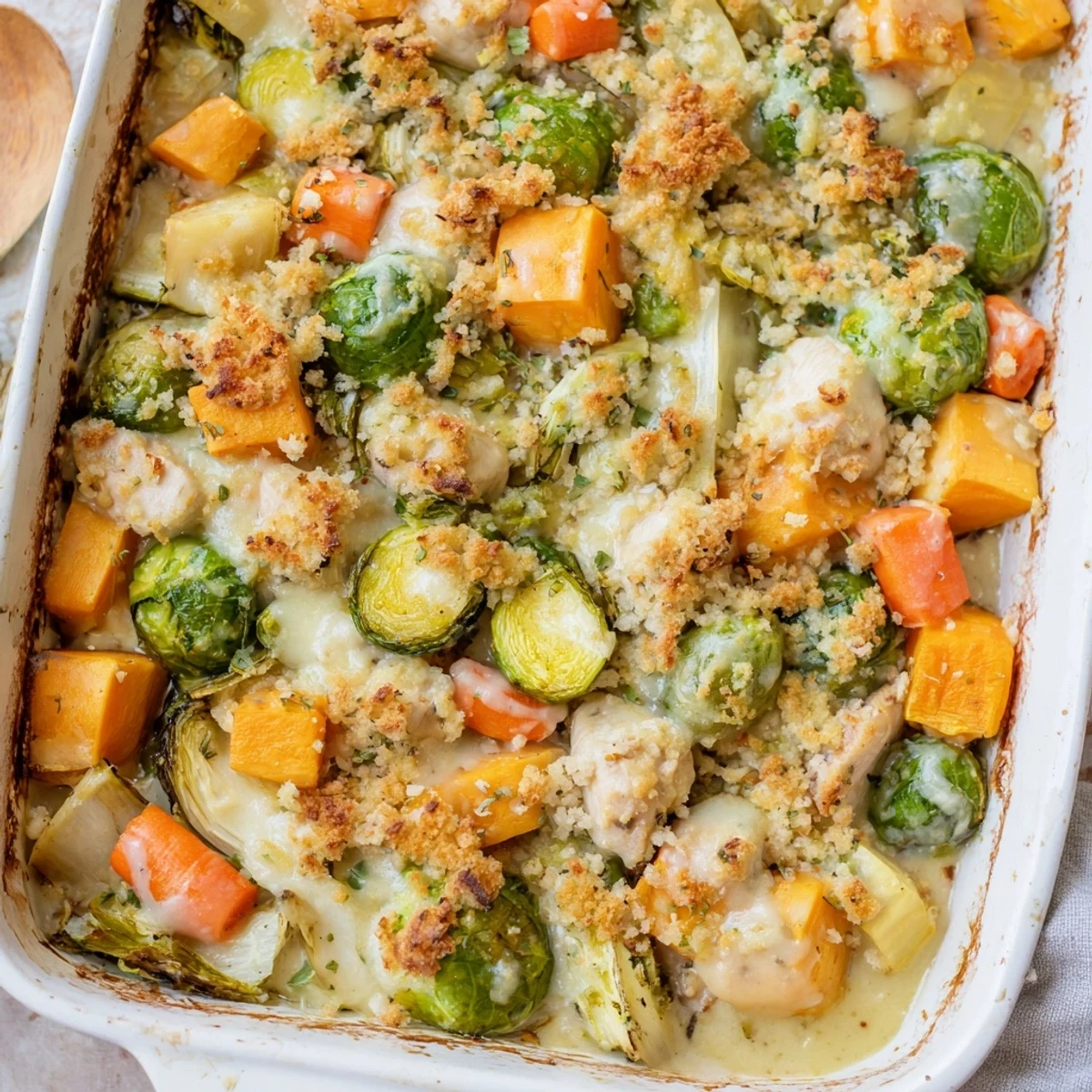 Hearty Winter Dish Casserole Bake with butternut squash and Brussels sprouts topped with melted Gruyère and crispy gluten-free breadcrumbs.