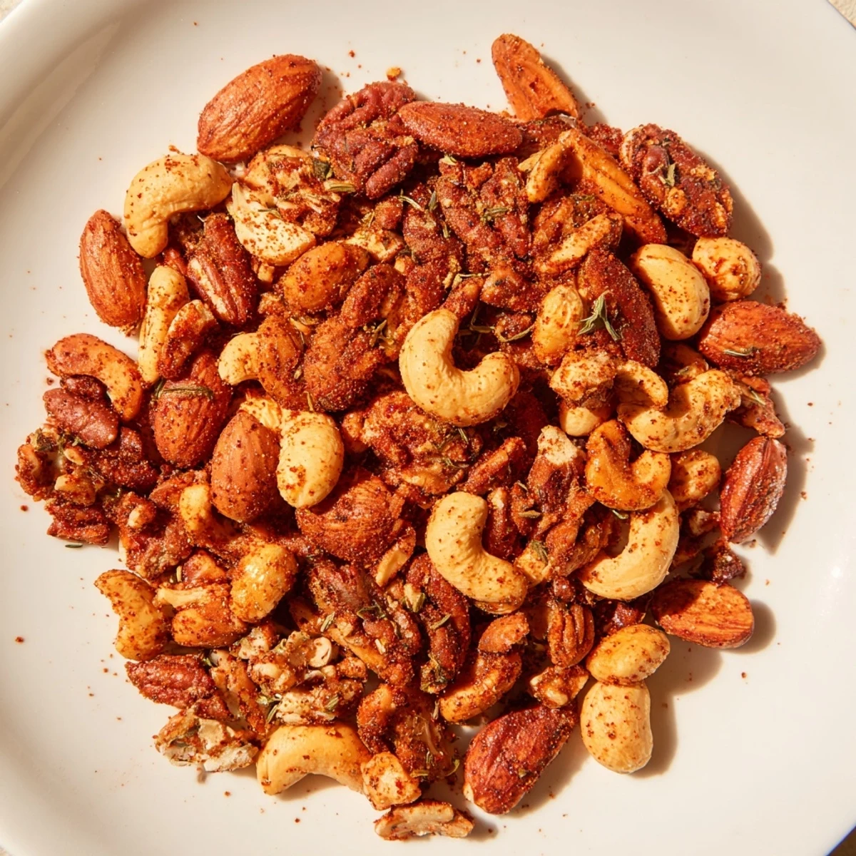 Golden-brown Creole Spiced Nuts glistening with olive oil and butter on a parchment-lined baking sheet. 