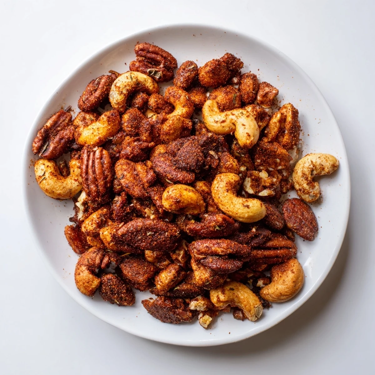 A close-up of crunchy mixed nuts coated in a bold Creole spice blend, perfect for party snacking. 