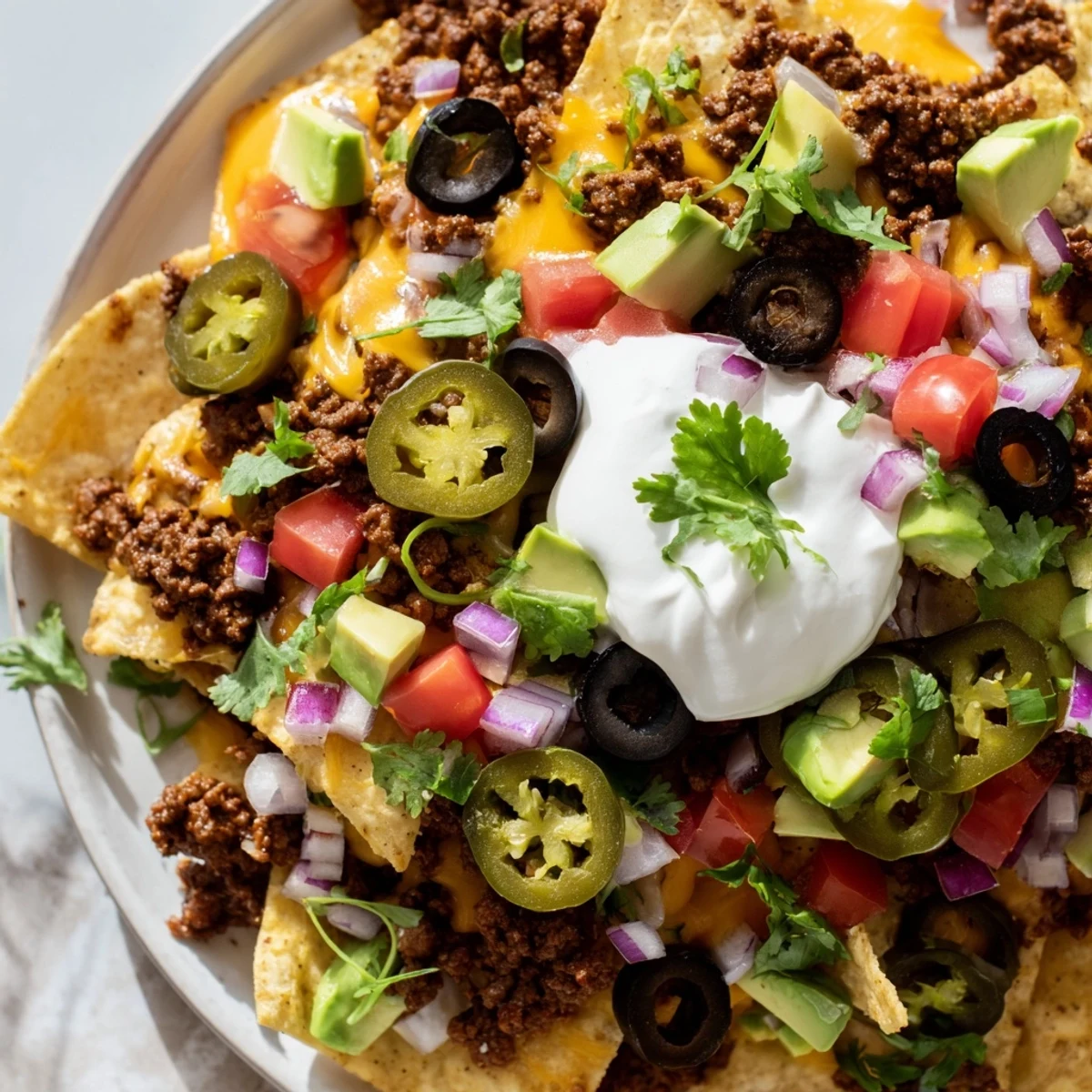 Piled high tortilla chips hold warm taco-seasoned beef, bubbly cheese, black olives, and sliced jalapeños on a festive game day platter.