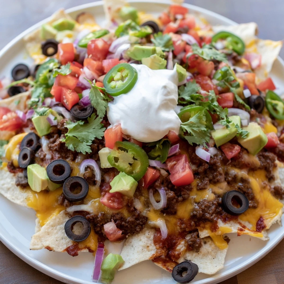Golden melted cheddar and Monterey Jack cheese blanket a platter of Super Bowl nachos topped with seasoned beef, diced avocado, and fresh cilantro.