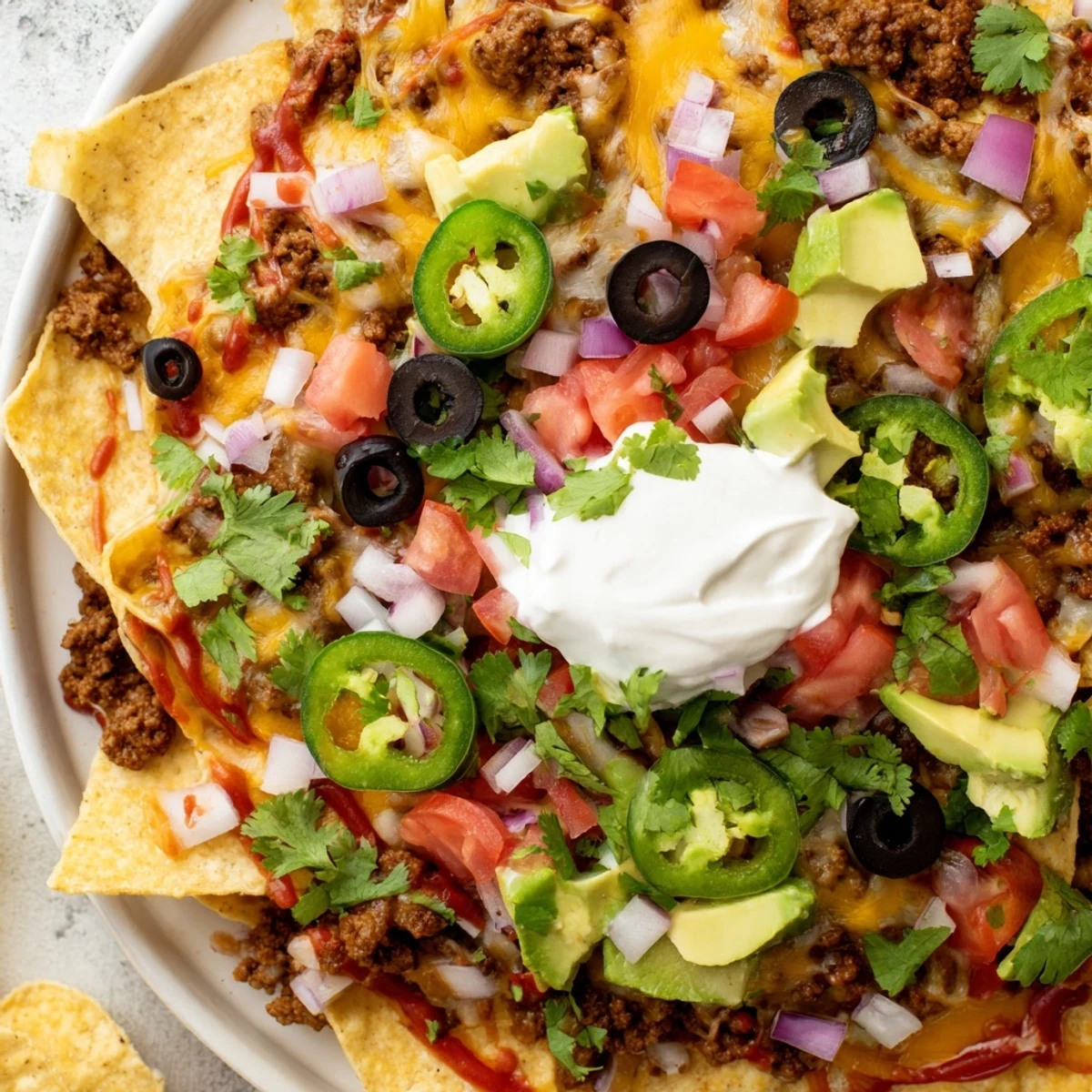 A close-up shows zesty salsa and cool sour cream drizzled over a loaded Super Bowl nacho platter ready for the big game.