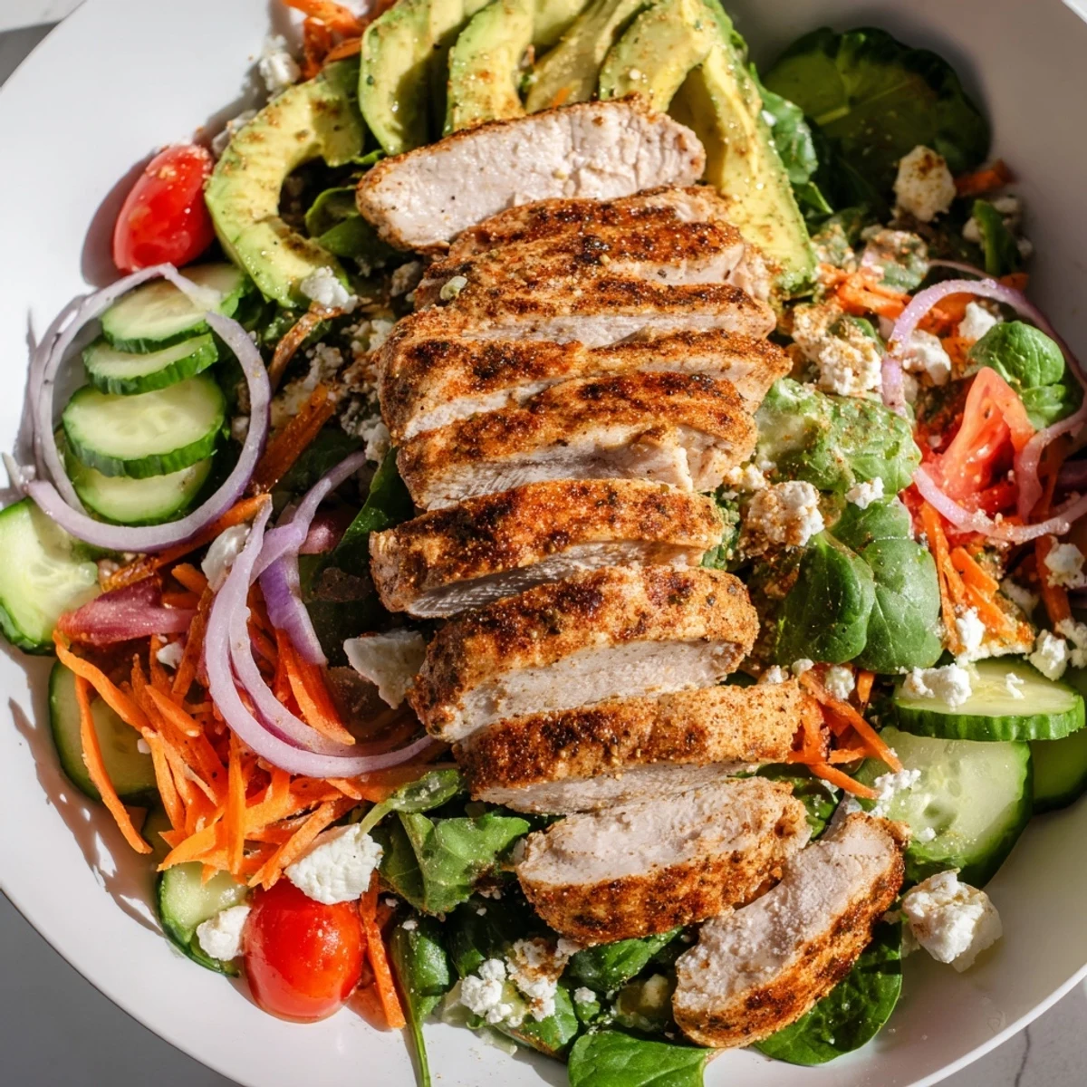 Bright lemony dressing is drizzled over juicy grilled chicken, red onions, and feta cheese, highlighting a vibrant Chicken Meal Prep Salad.