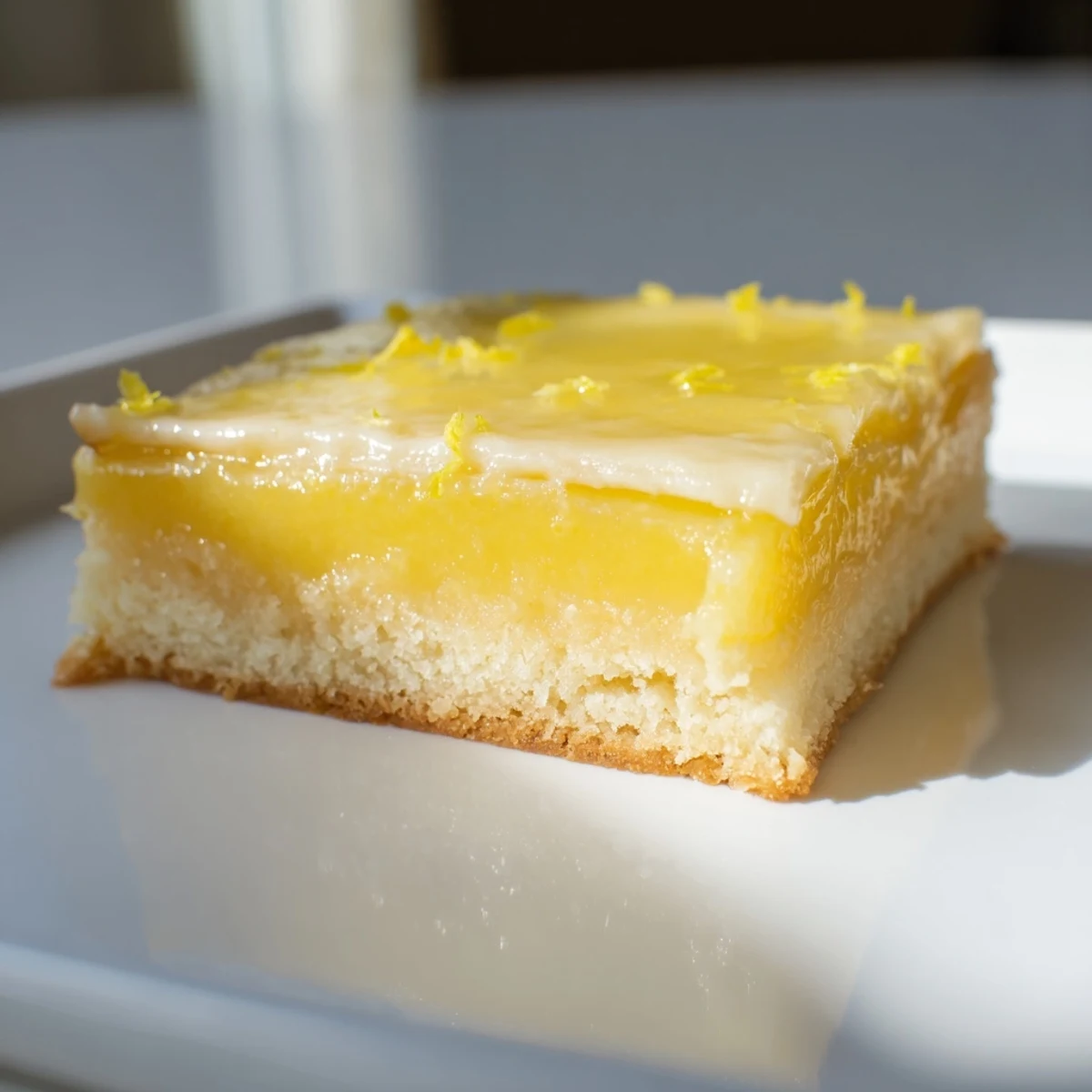 A close-up view of a Lemon Dessert Bar, revealing a creamy lemon filling nestled on a buttery shortbread crust.