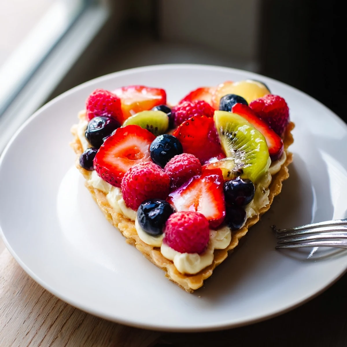 A close-up of the Valentine Fruit Tart, showcasing golden crust, creamy vanilla pastry cream, and glossy fresh berries on a rustic wooden table.