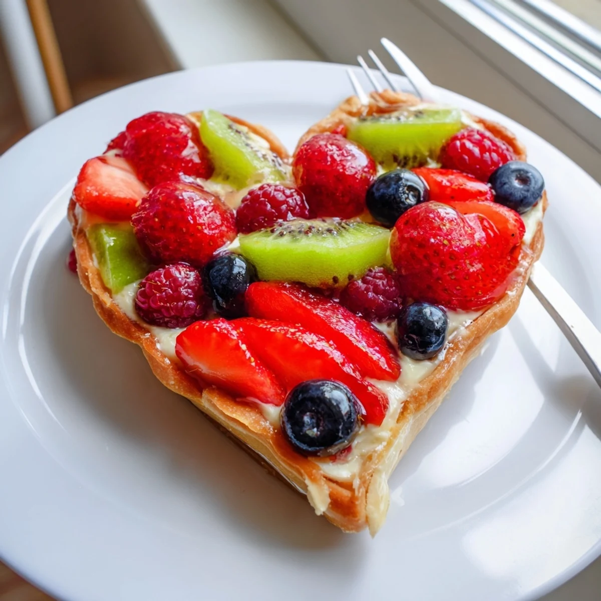 Golden-crusted Valentine Fruit Tart topped with vibrant strawberries, raspberries, and blueberries, finished with a shiny apricot glaze and ready to slice.