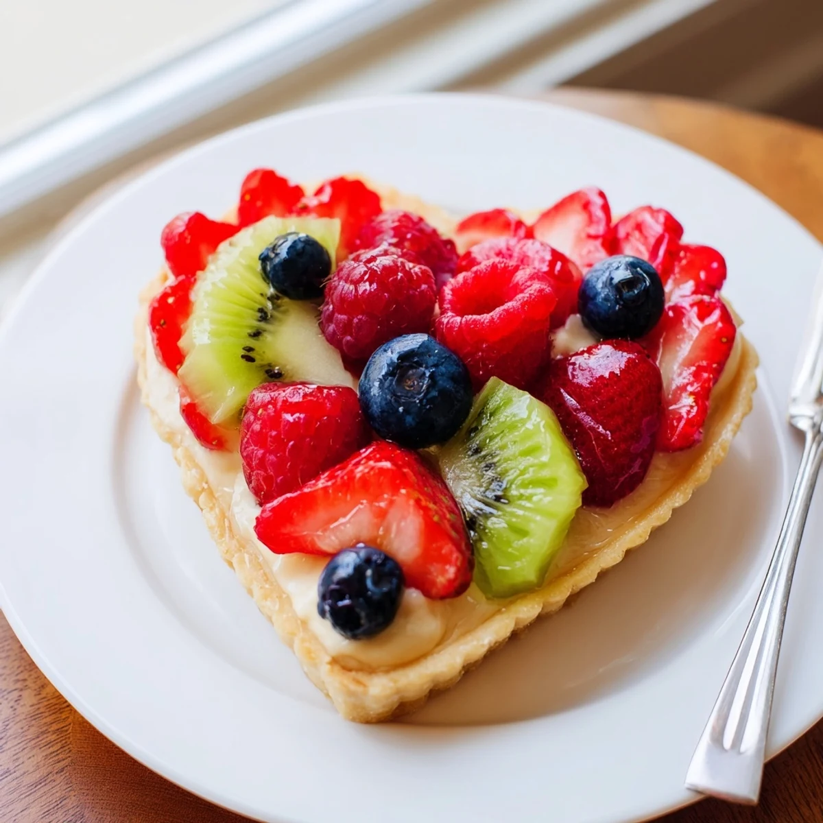 A romantic Valentine Fruit Tart slice reveals layers of buttery crust, rich vanilla pastry cream, and assorted fresh fruits, served on a white plate.