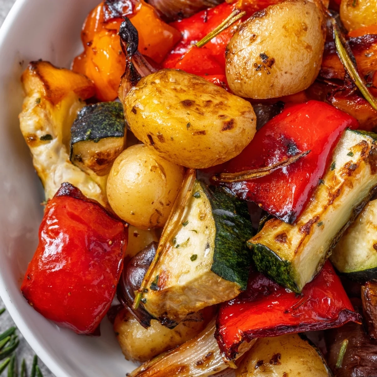 Roasted vegetable medley pan offers vibrant colors and aromatic herbs, perfect served hot as a healthy main dish or side.
