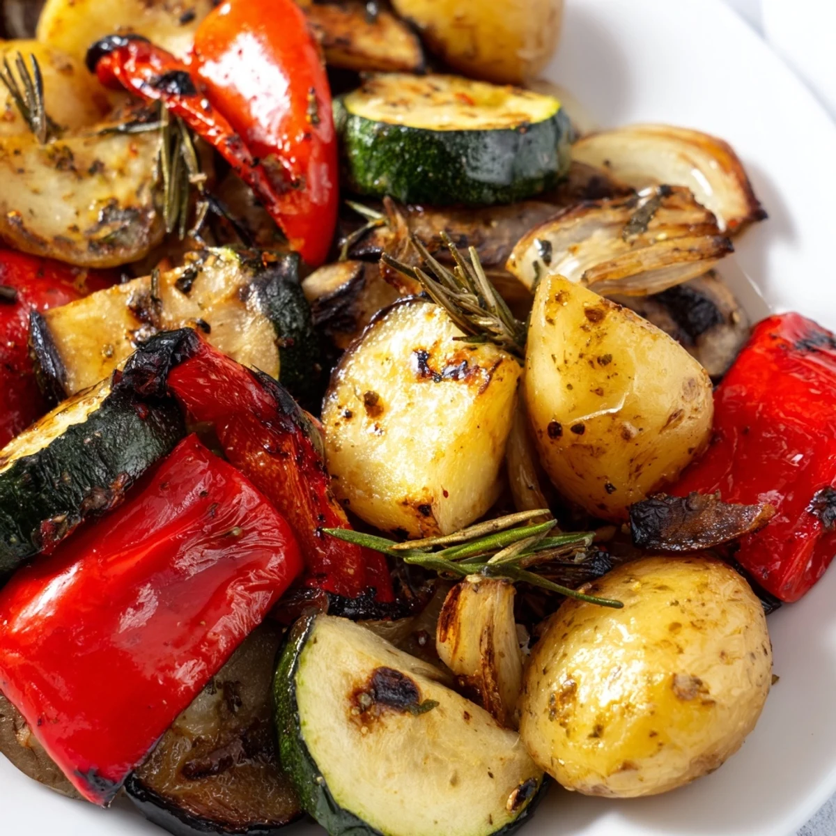 In the roasted vegetable medley pan, eggplant and tomatoes roast to caramelized perfection, releasing a hint of garlic and rosemary.