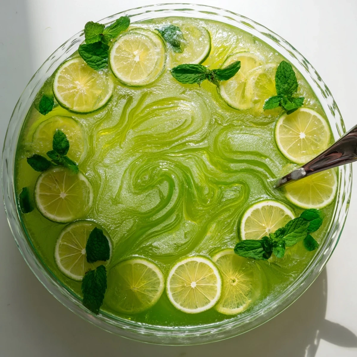 A chilled glass of tangy Green Lime Sherbet Punch with frothy bubbles and fresh mint leaves.