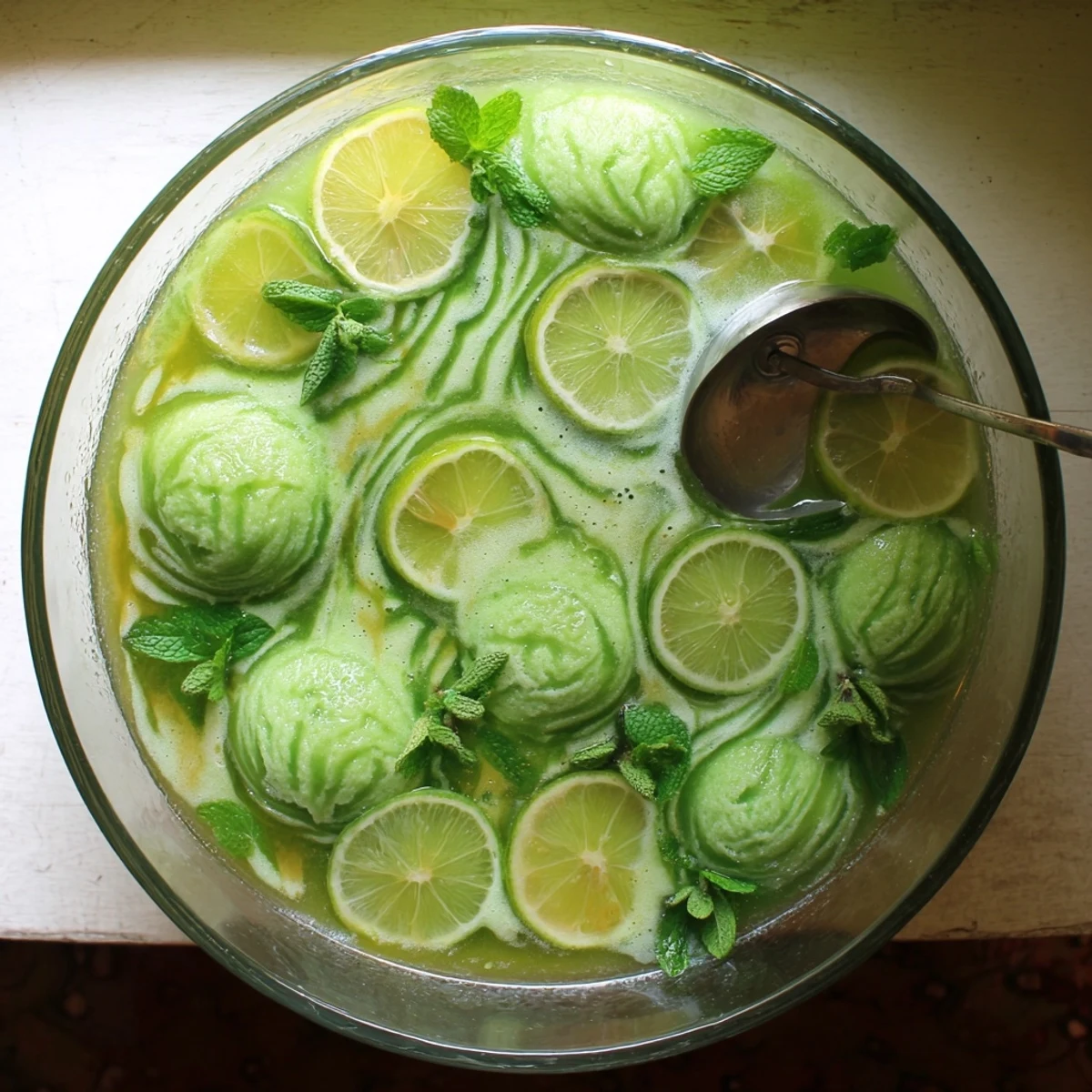 Enjoy a refreshing Green Lime Sherbet Punch garnished with thin lime slices for a zesty, festive summer drink.