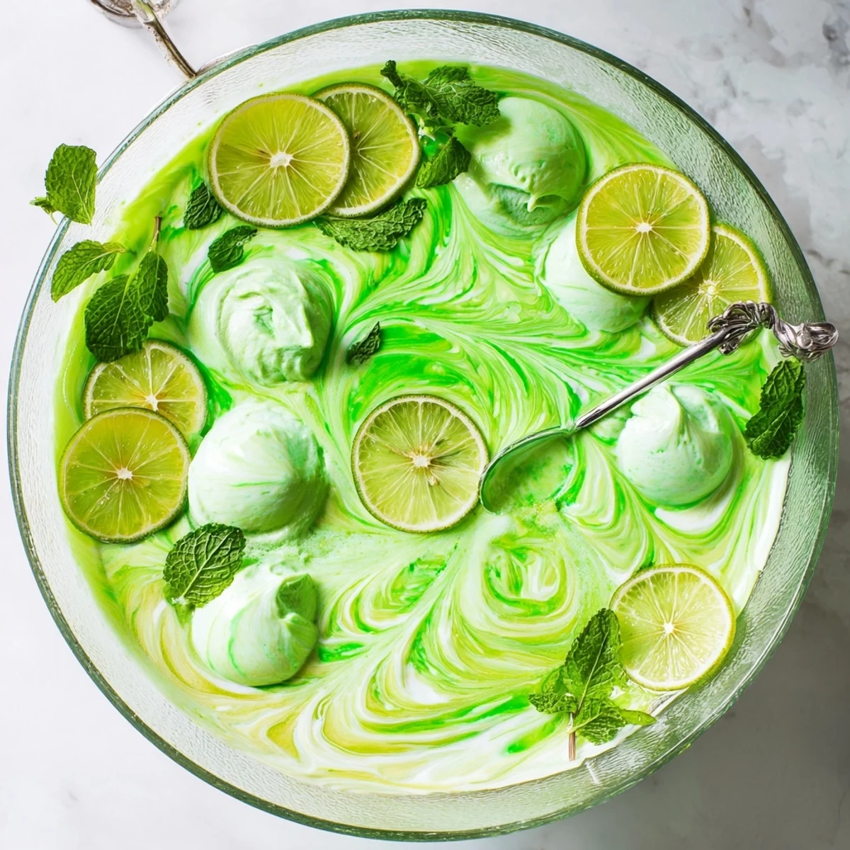 This vibrant party punch recipe features scoops of lime sherbet floating in fizzy soda and pineapple juice.