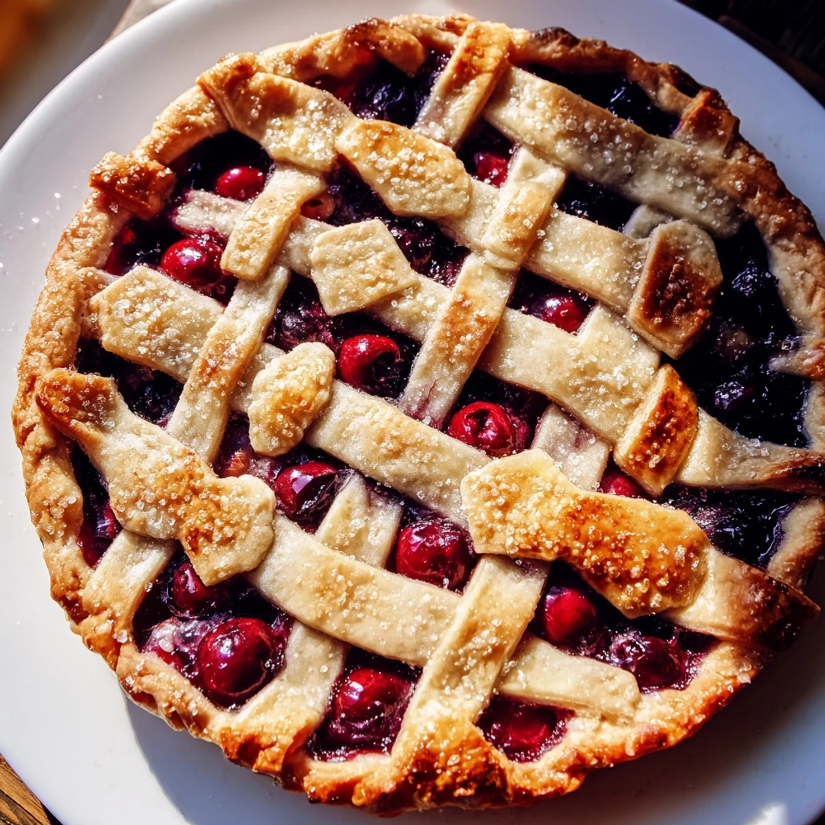 Freshly baked Sweetheart Cherry Pie with a golden lattice crust bubbling with tart-sweet cherry filling. 