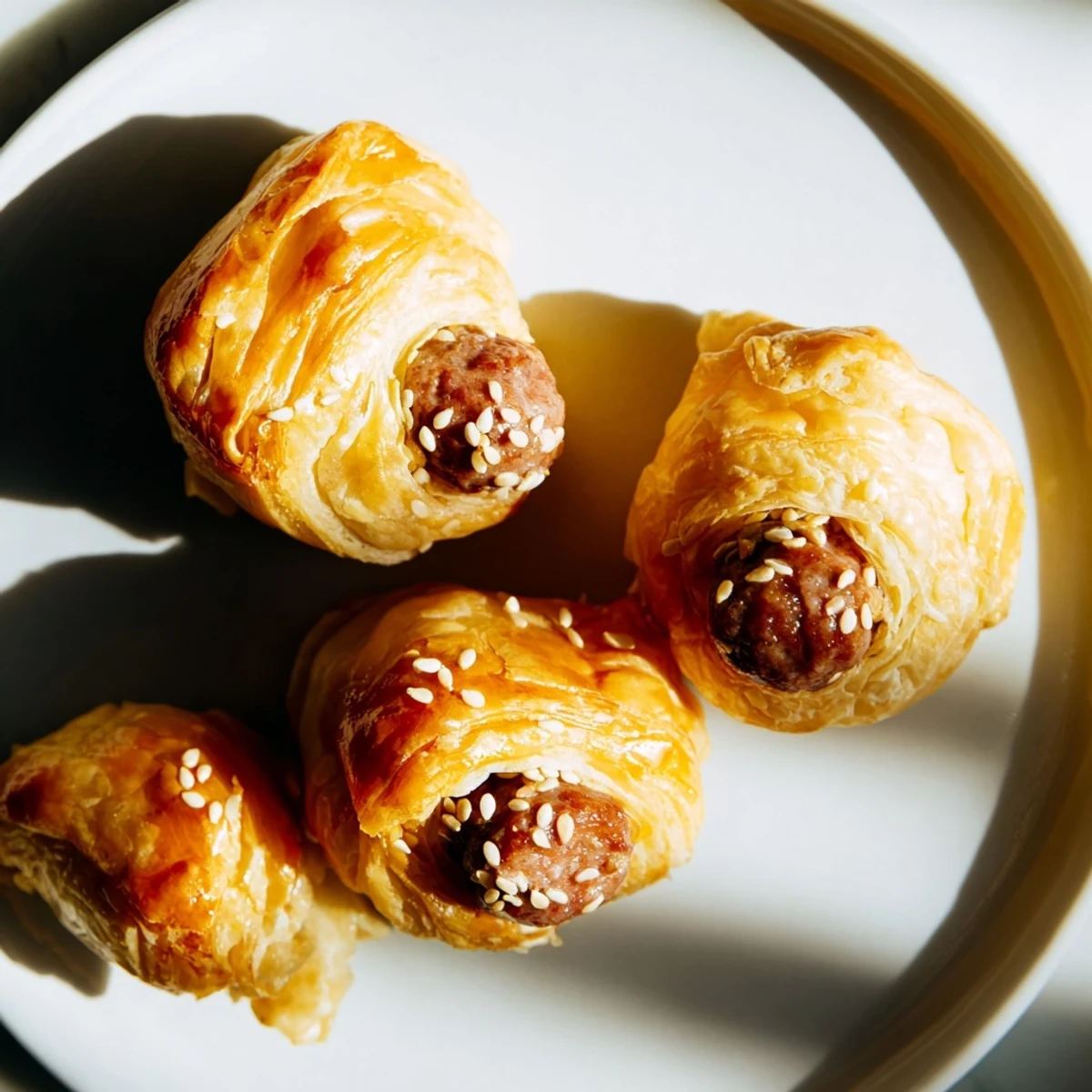 Golden-brown Super Bowl Pigs in a Blanket with Beef Sausage arranged on a platter with dipping sauces.