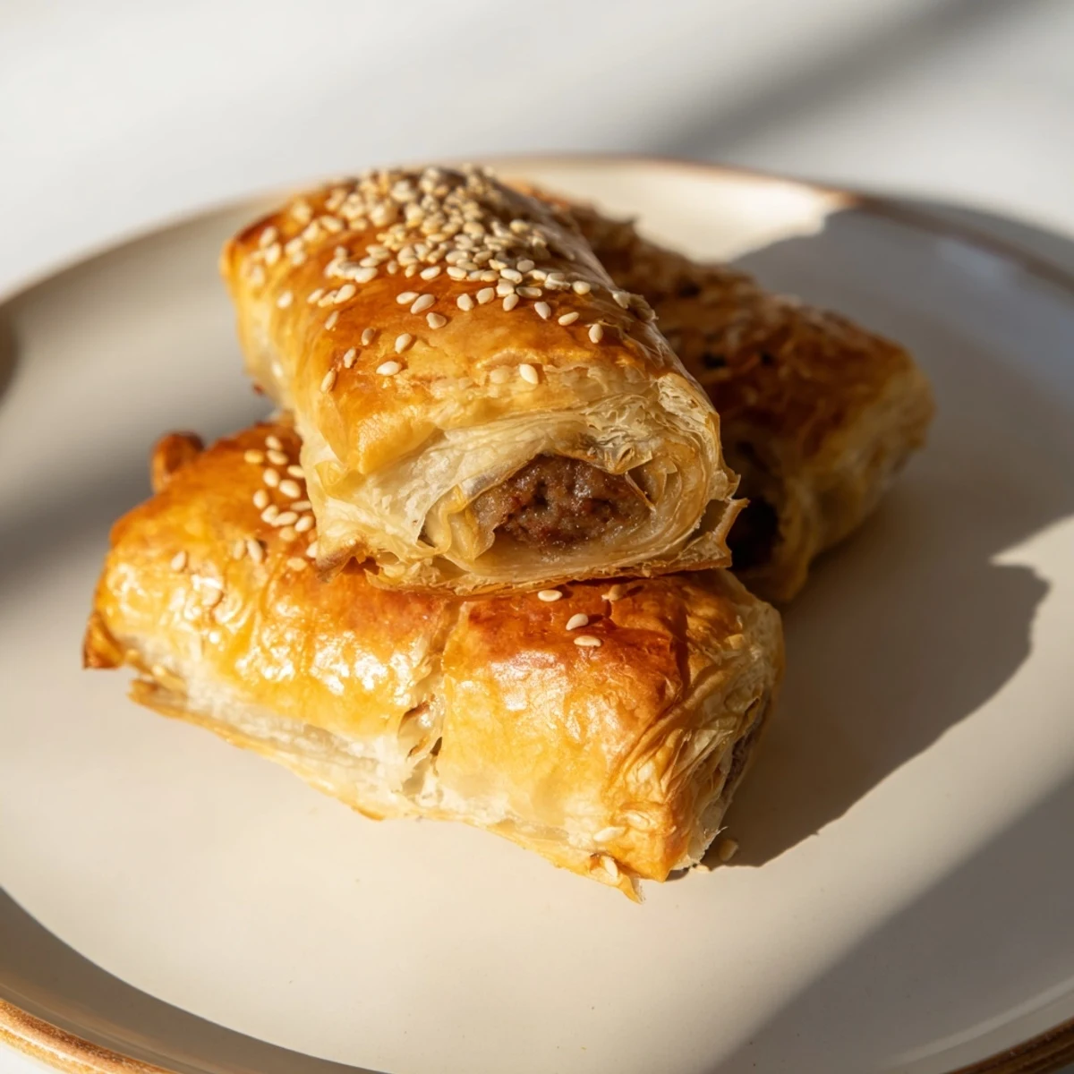 Freshly baked Super Bowl Pigs in a Blanket with Beef Sausage on a wooden board next to yellow mustard.