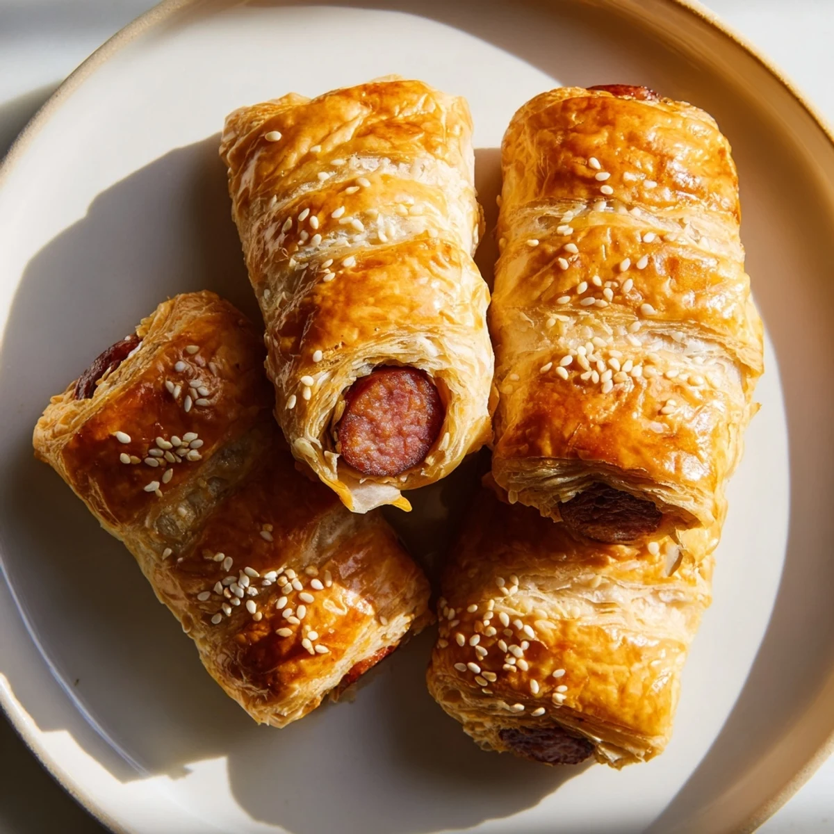 Perfectly golden Super Bowl Pigs in a Blanket with Beef Sausage topped with sesame seeds for game day.