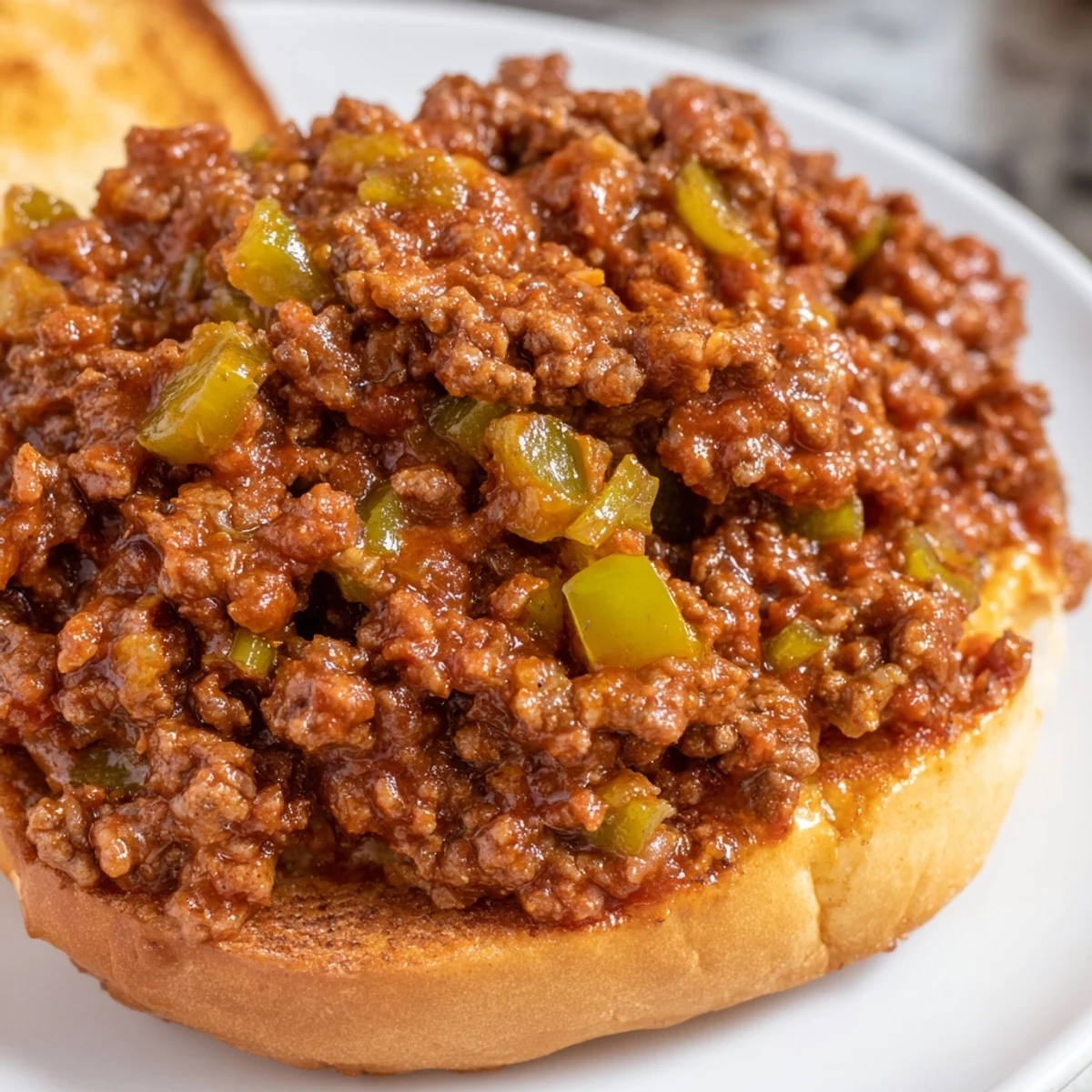 Golden toasted burger buns piled high with savory, saucy MVP Sloppy Joes and sautéed peppers.
