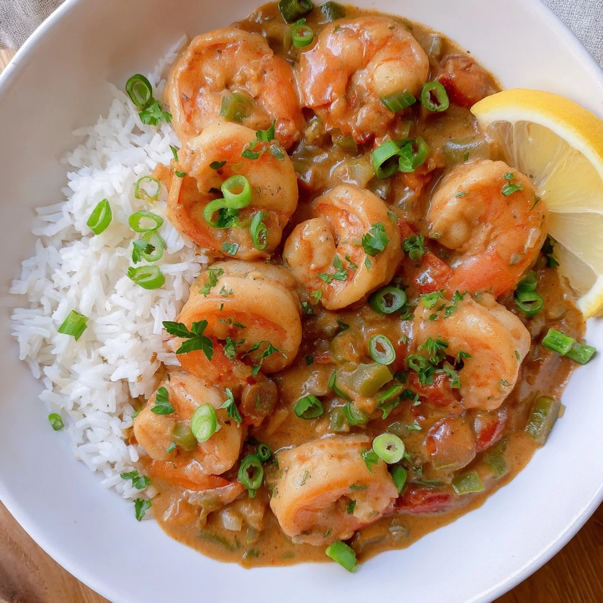 Steamy, tender shrimp and a rich roux-based sauce in Creole Shrimp Étouffée, spooned over fluffy white rice in a rustic bowl.
