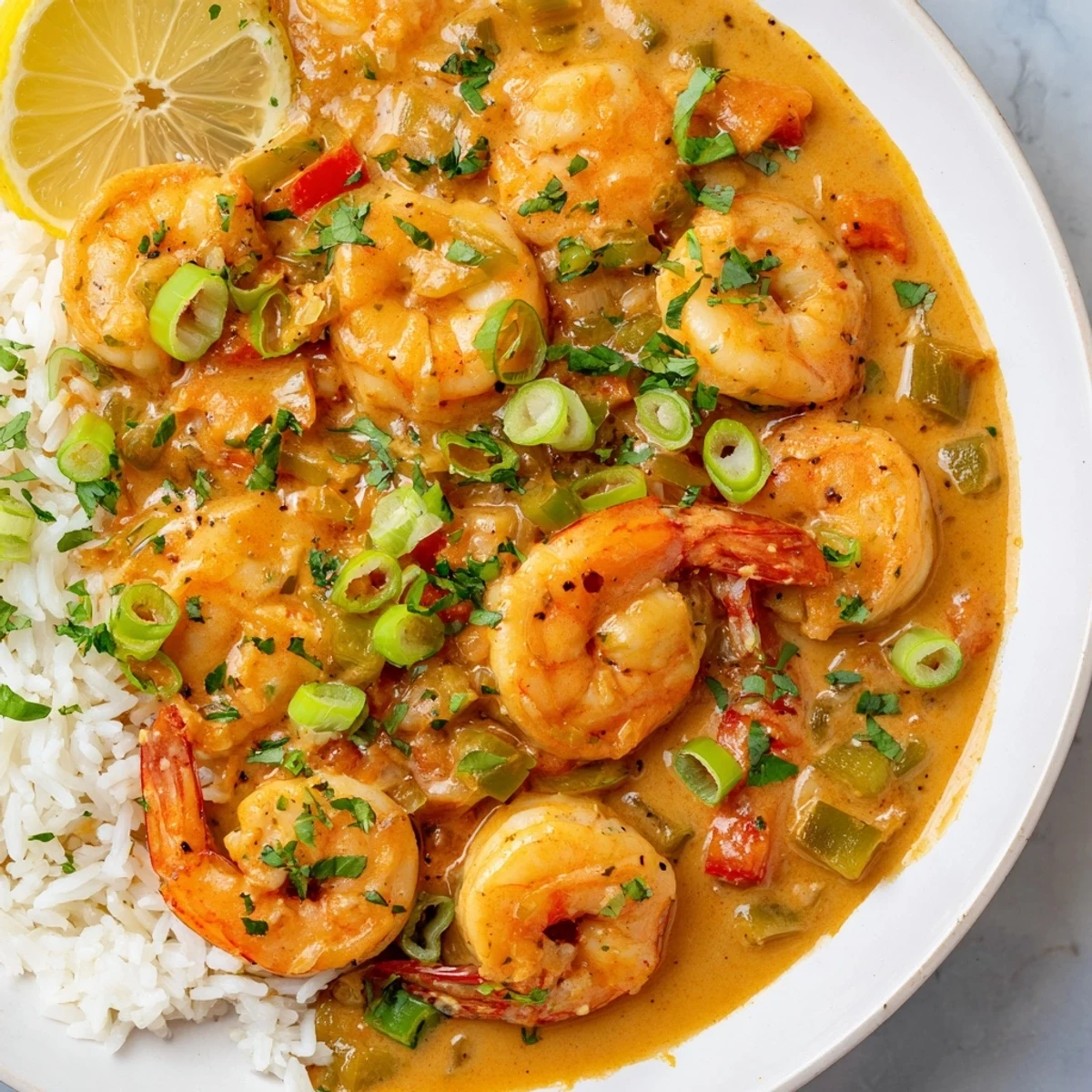 A bowl of Creole Shrimp Étouffée with tender shrimp in a tomato-rich sauce, served over fluffy white rice and garnished with parsley.